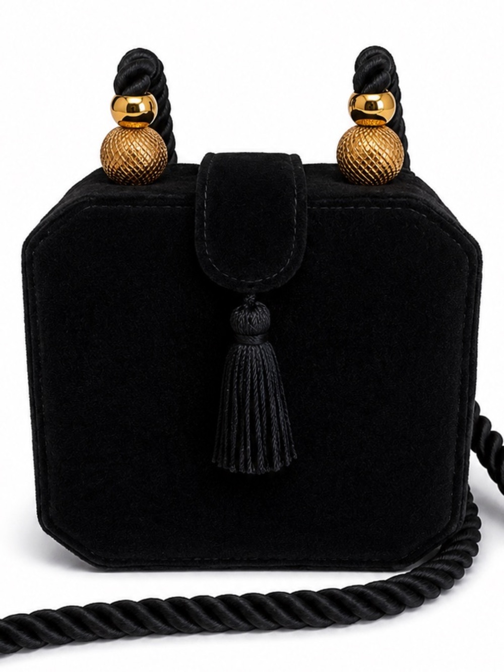 Vintage Columbine Black Velvet Evening Bag Tassel Gold Tone Beads